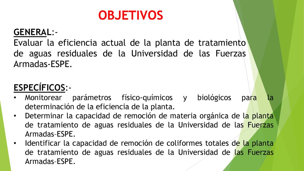 OBJETIVOS GENERAL:- Evaluar la eficiencia actual de la planta de tratamiento de aguas residuales de la Universidad de las Fuerzas Armadas-ESPE.
