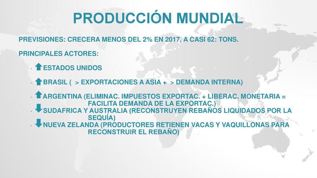 PRODUCCIÓN MUNDIAL PREVISIONES: CRECERA MENOS DEL 2% EN 2017, A CASI 62: TONS. PRINCIPALES ACTORES:
