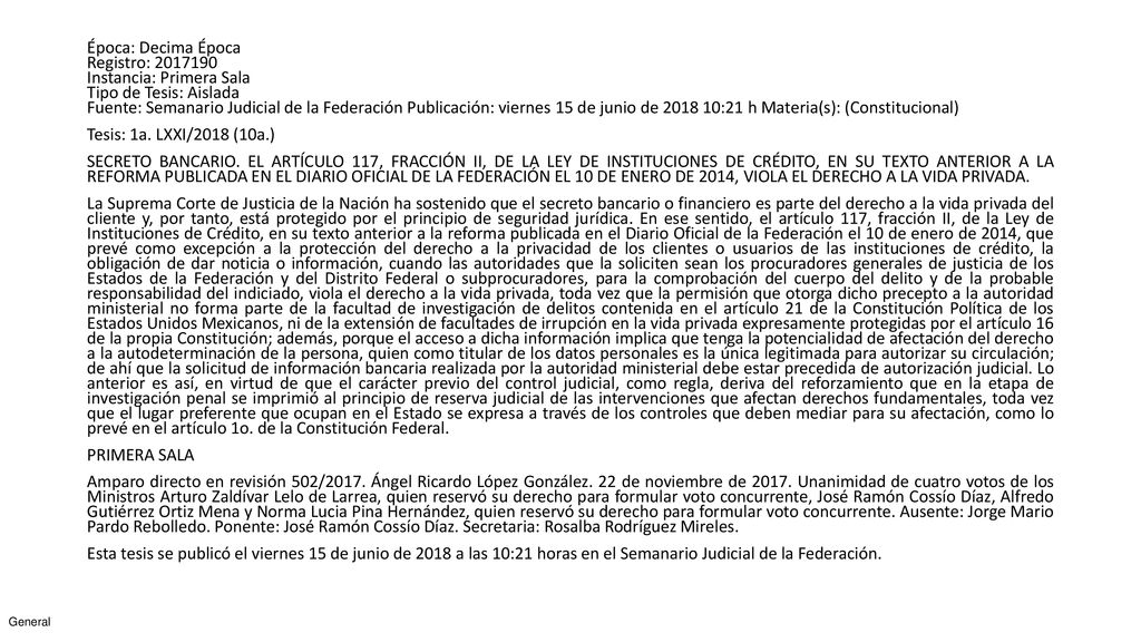 Época: Decima Época Registro: Instancia: Primera Sala Tipo de Tesis: Aislada Fuente: Semanario Judicial de la Federación Publicación: viernes 15 de junio de :21 h Materia(s): (Constitucional) Tesis: 1a.