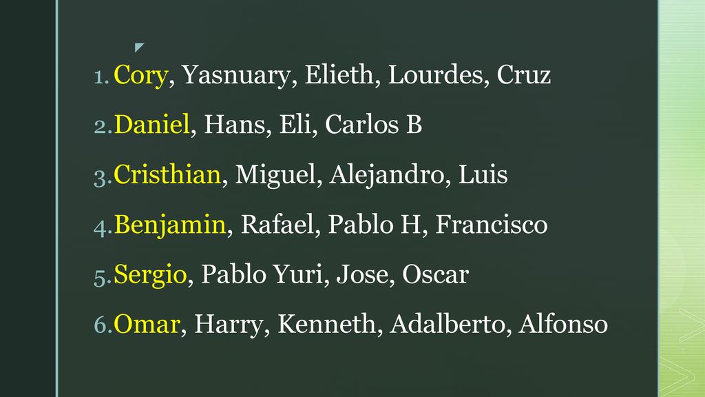 Grupos Cory, Yasnuary, Elieth, Lourdes, Cruz. Daniel, Hans, Eli, Carlos B. Cristhian, Miguel, Alejandro, Luis.