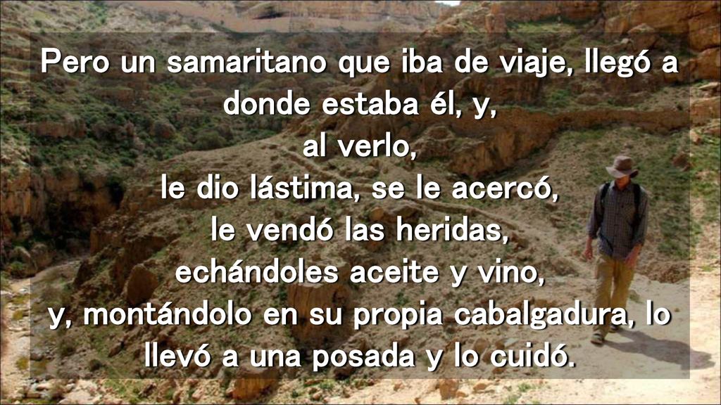 Pero un samaritano que iba de viaje, llegó a donde estaba él, y, al verlo, le dio lástima, se le acercó, le vendó las heridas, echándoles aceite y vino, y, montándolo en su propia cabalgadura, lo llevó a una posada y lo cuidó.