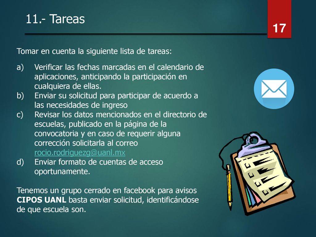11.- Tareas Tomar en cuenta la siguiente lista de tareas: