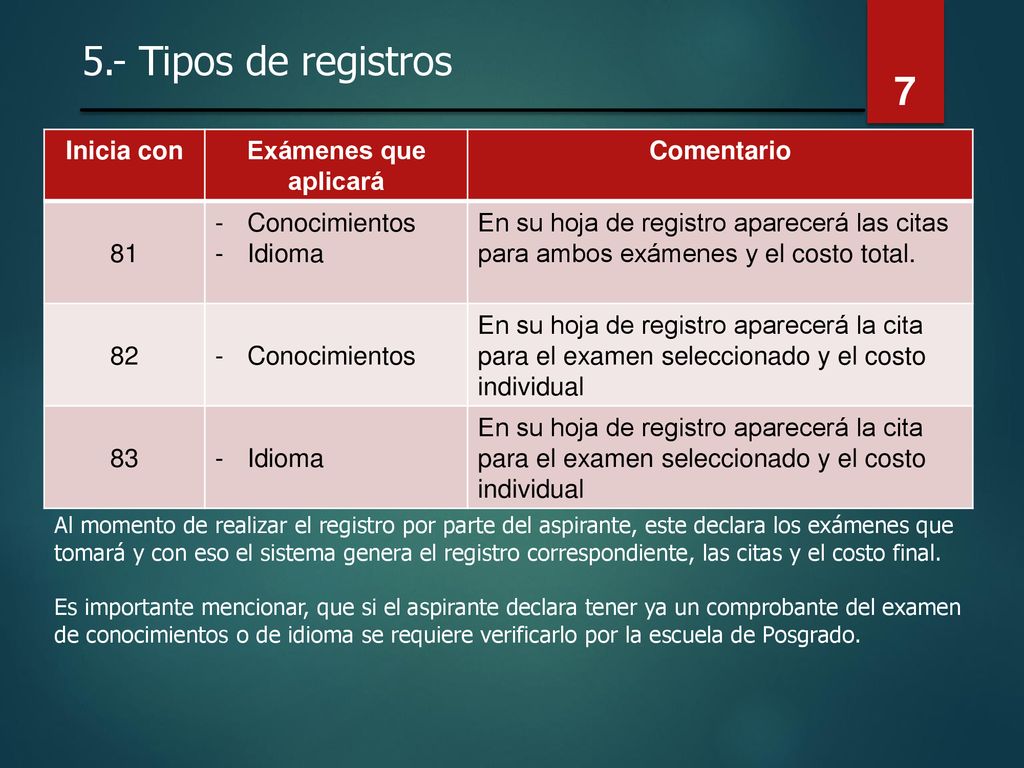 5.- Tipos de registros Inicia con Exámenes que aplicará Comentario 81