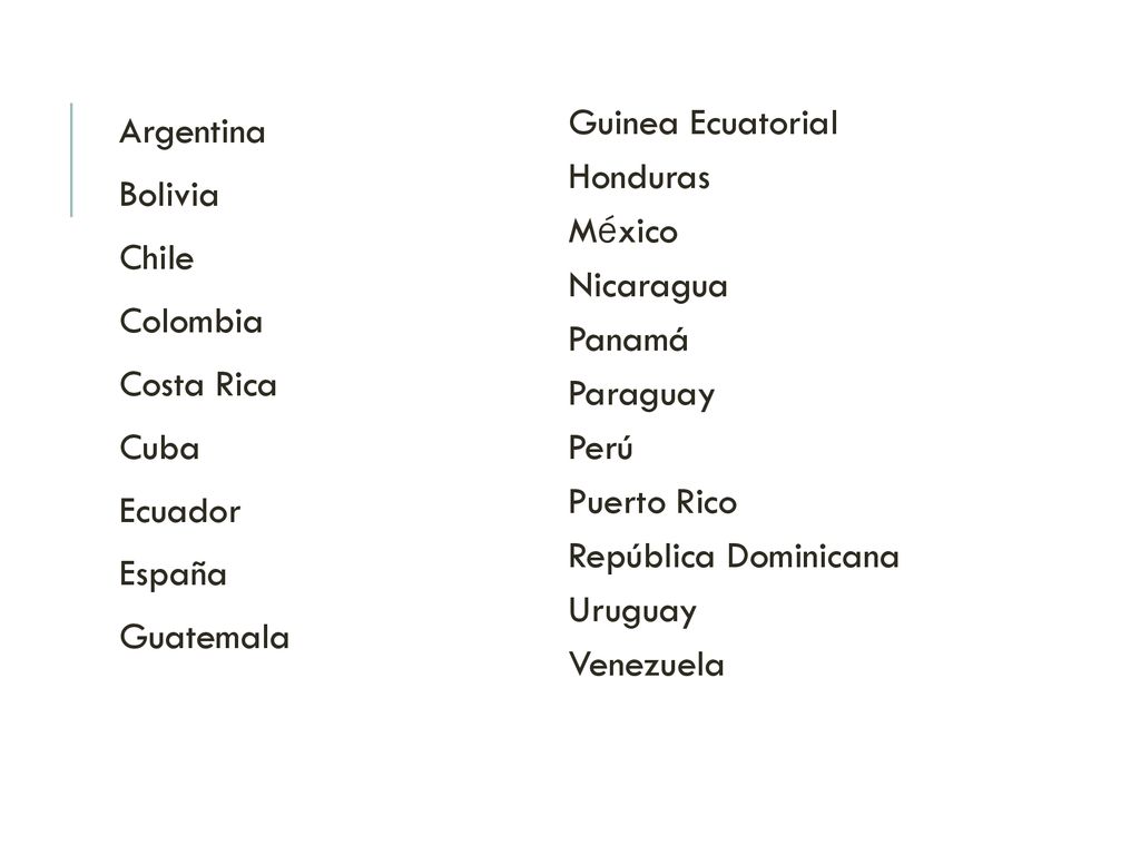 Argentina Bolivia. Chile. Colombia. Costa Rica. Cuba. Ecuador. España. Guatemala. Guinea Ecuatorial.