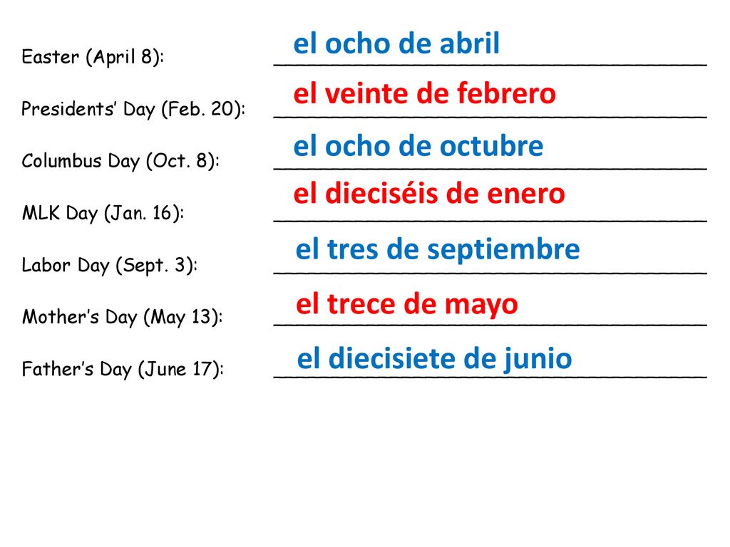 el ocho de abril el veinte de febrero. el ocho de octubre. el dieciséis de enero. el tres de septiembre.