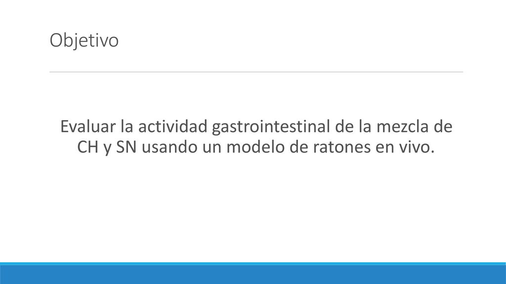 Objetivo Evaluar la actividad gastrointestinal de la mezcla de CH y SN usando un modelo de ratones en vivo.