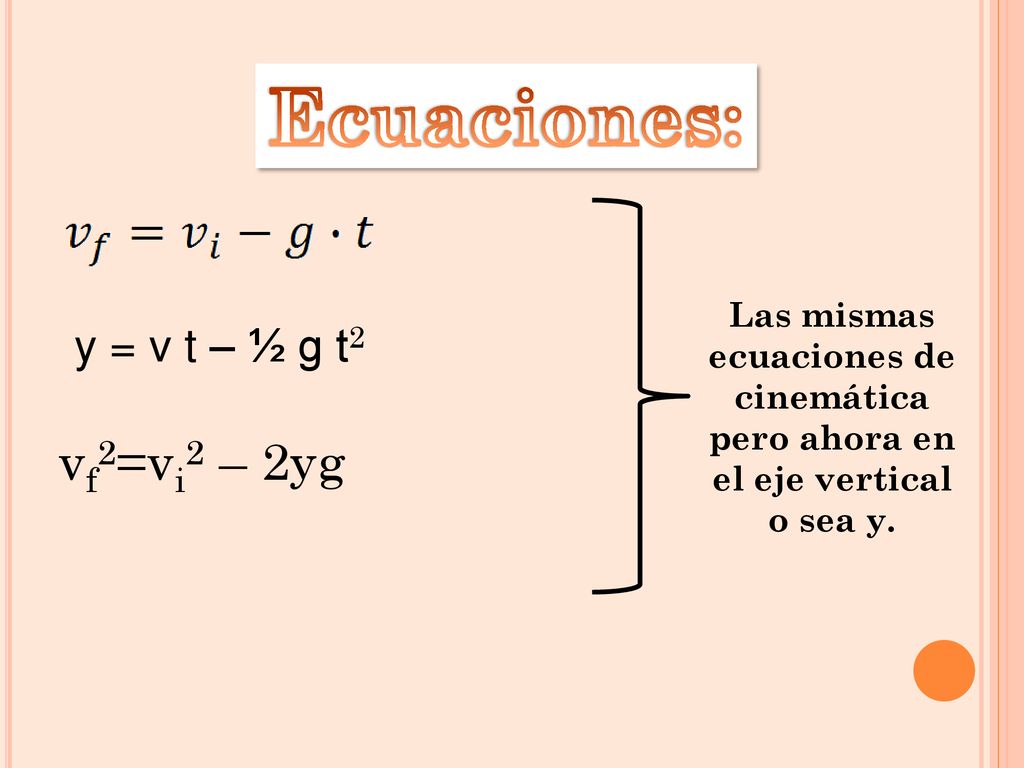 Ecuaciones: vf2=vi2 – 2yg y = v t – ½ g t2