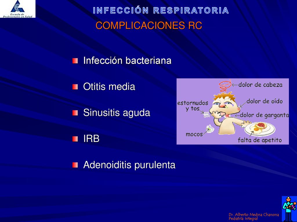 Complicaciones RC Infección bacteriana Otitis media Sinusitis aguda IRB Adenoiditis purulenta