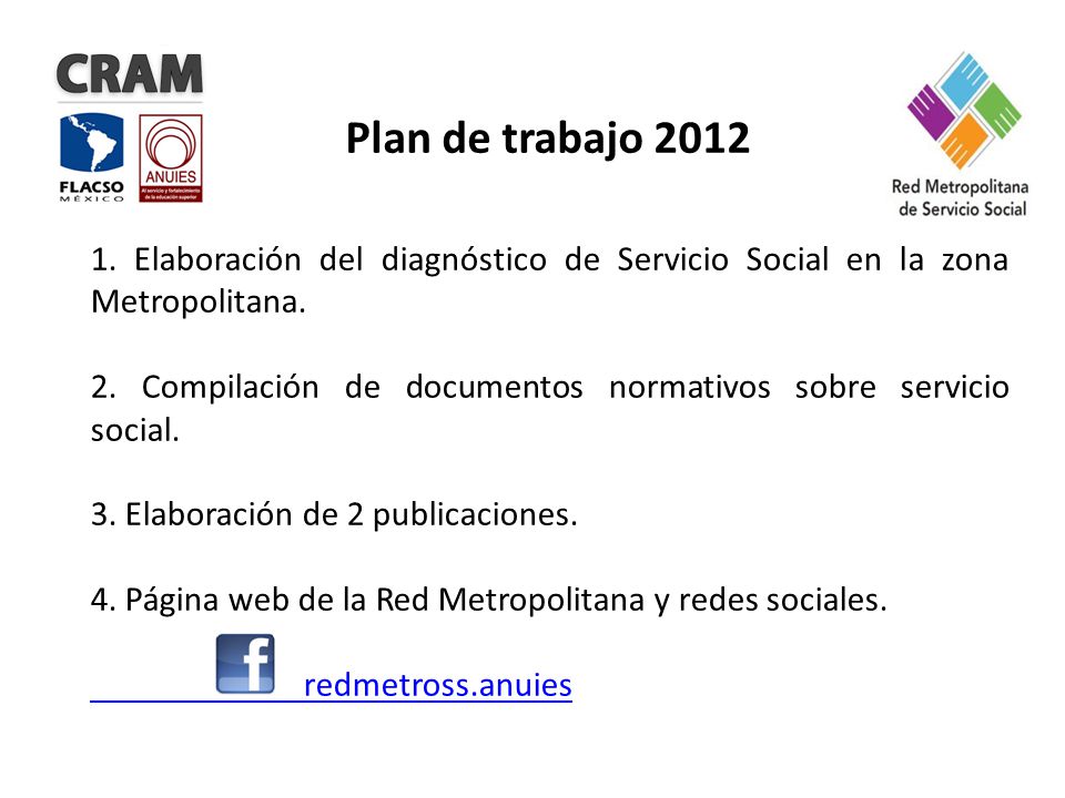 Plan de trabajo Elaboración del diagnóstico de Servicio Social en la zona Metropolitana.