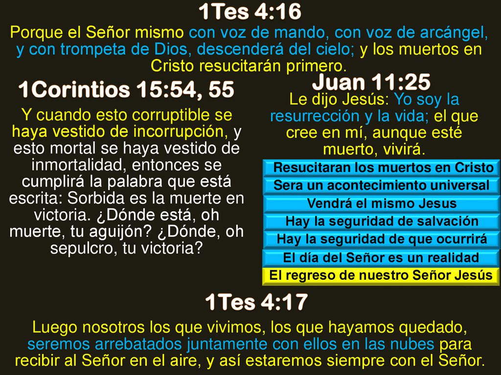 1Tes 4:16 Juan 11:25 1Corintios 15:54, 55 1Tes 4:17