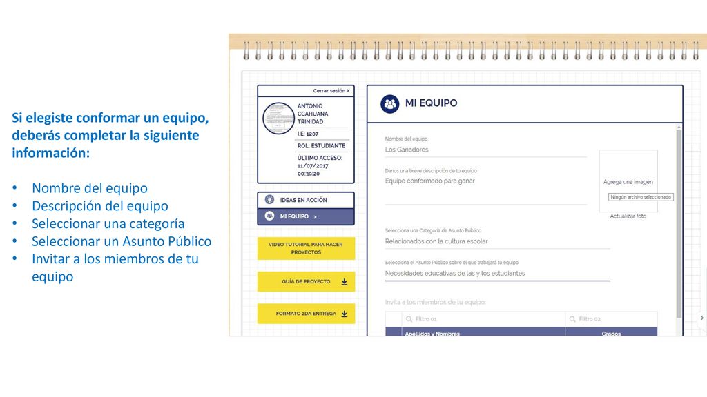 Si elegiste conformar un equipo, deberás completar la siguiente información: