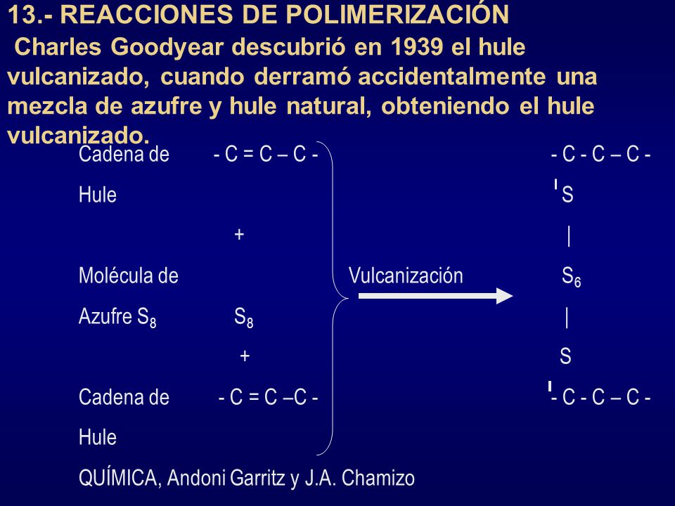 13.- REACCIONES DE POLIMERIZACIÓN Charles Goodyear descubrió en 1939 el hule vulcanizado, cuando derramó accidentalmente una mezcla de azufre y hule natural, obteniendo el hule vulcanizado.