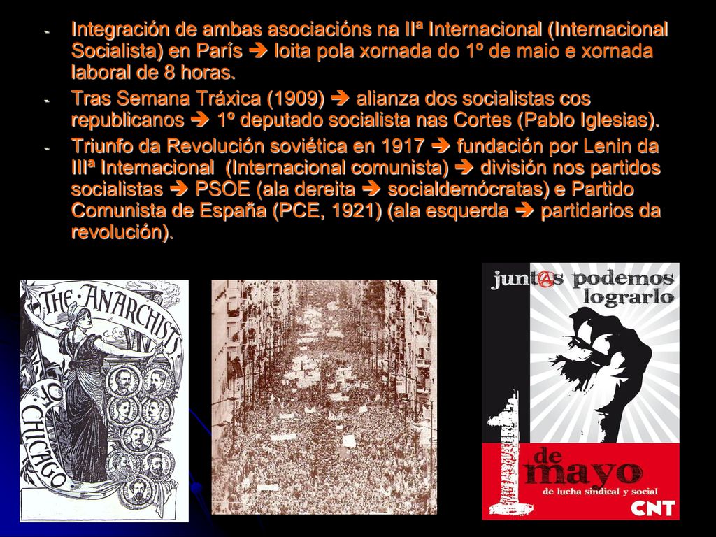 Integración de ambas asociacións na IIª Internacional (Internacional Socialista) en París  loita pola xornada do 1º de maio e xornada laboral de 8 horas.