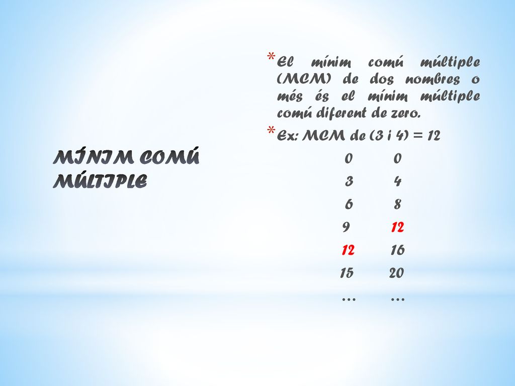 El mínim comú múltiple (MCM) de dos nombres o més és el mínim múltiple comú diferent de zero.