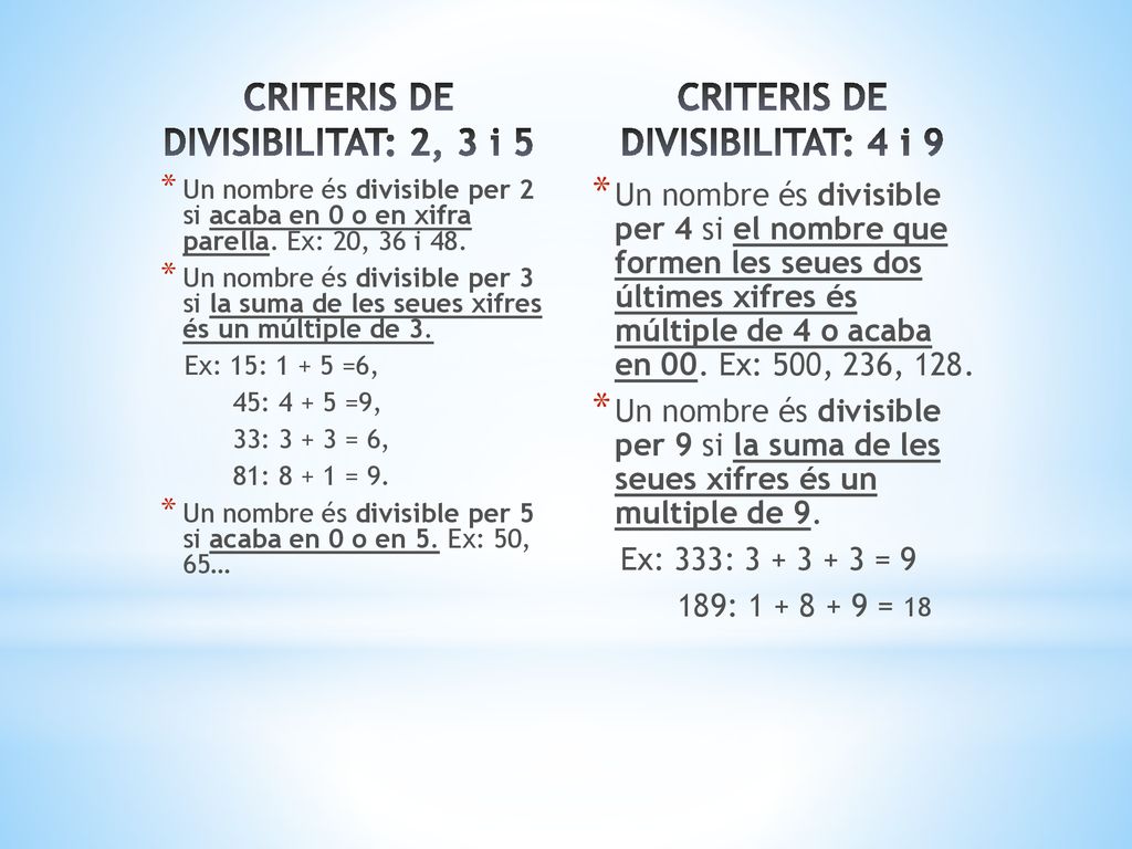 CRITERIS DE DIVISIBILITAT: 2, 3 i 5 CRITERIS DE DIVISIBILITAT: 4 i 9