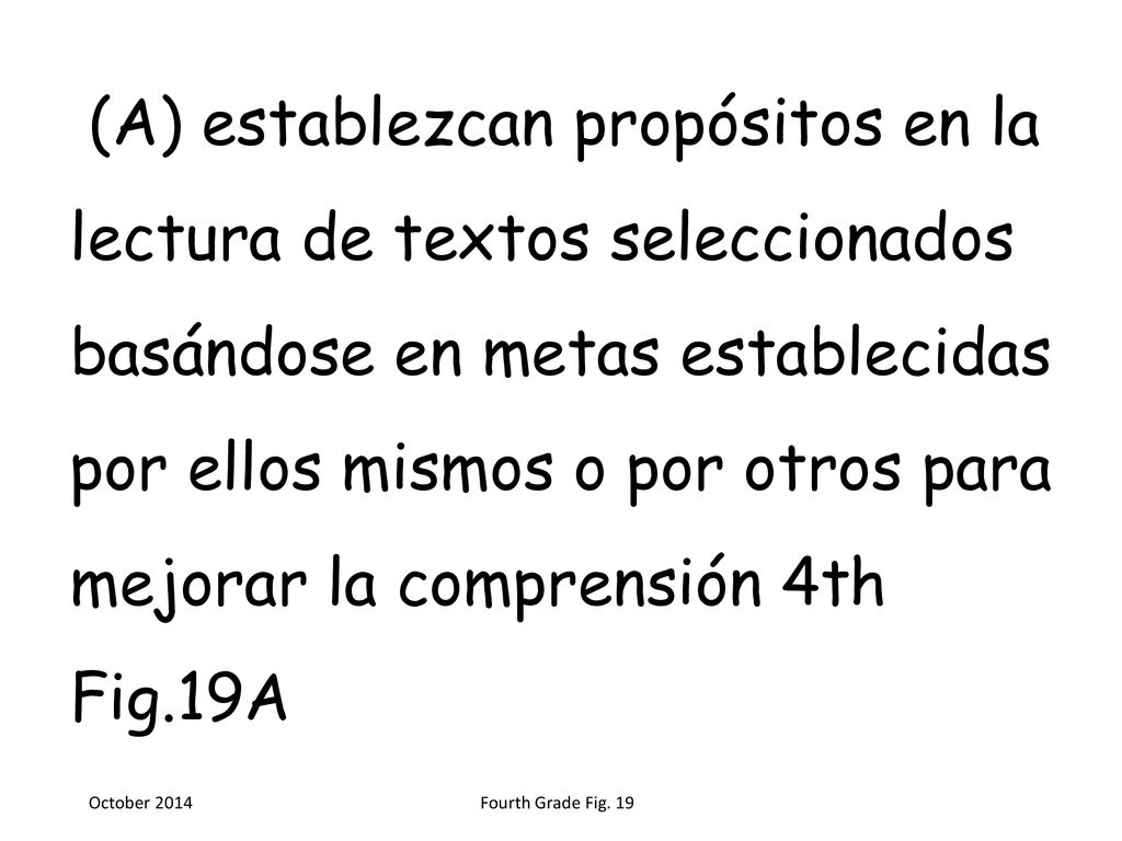 (A) establezcan propósitos en la lectura de textos seleccionados basándose en metas establecidas por ellos mismos o por otros para mejorar la comprensión 4th Fig.19A
