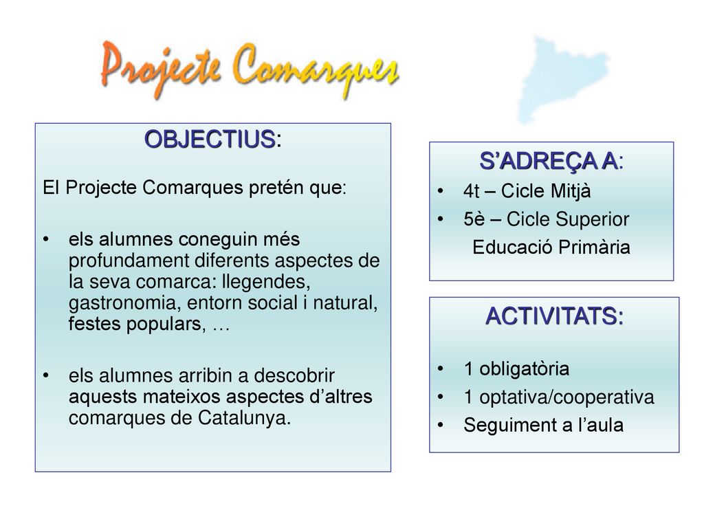 OBJECTIUS: S’ADREÇA A: ACTIVITATS: El Projecte Comarques pretén que: