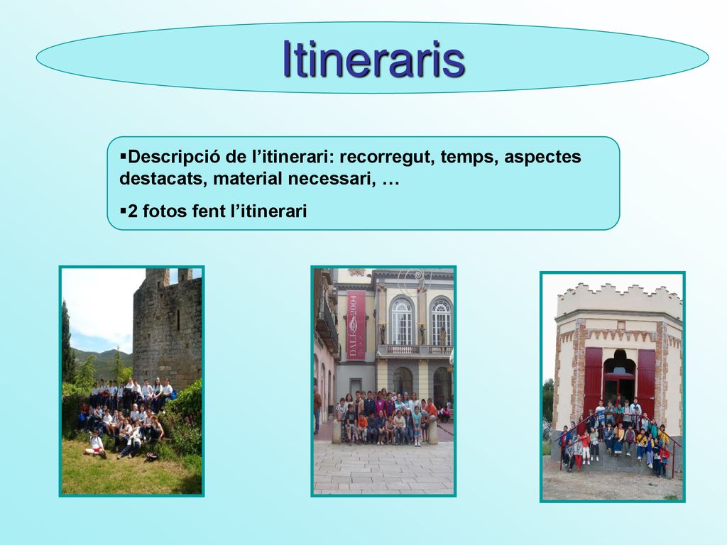 Itineraris Descripció de l’itinerari: recorregut, temps, aspectes destacats, material necessari, … 2 fotos fent l’itinerari.