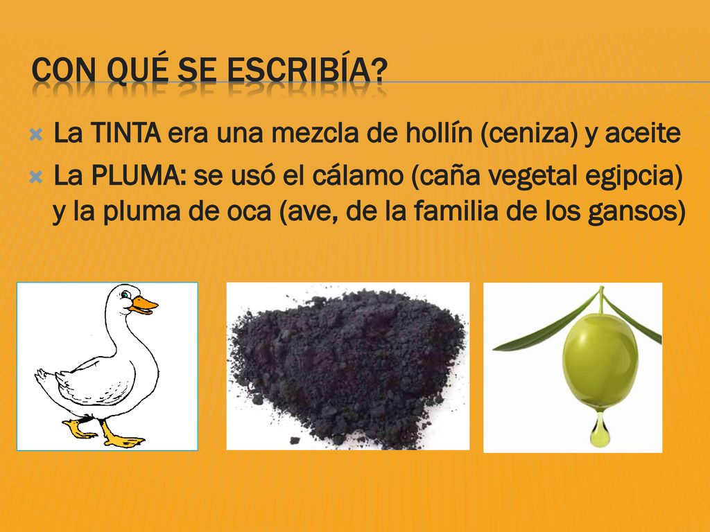 Con qué se escribía La TINTA era una mezcla de hollín (ceniza) y aceite.