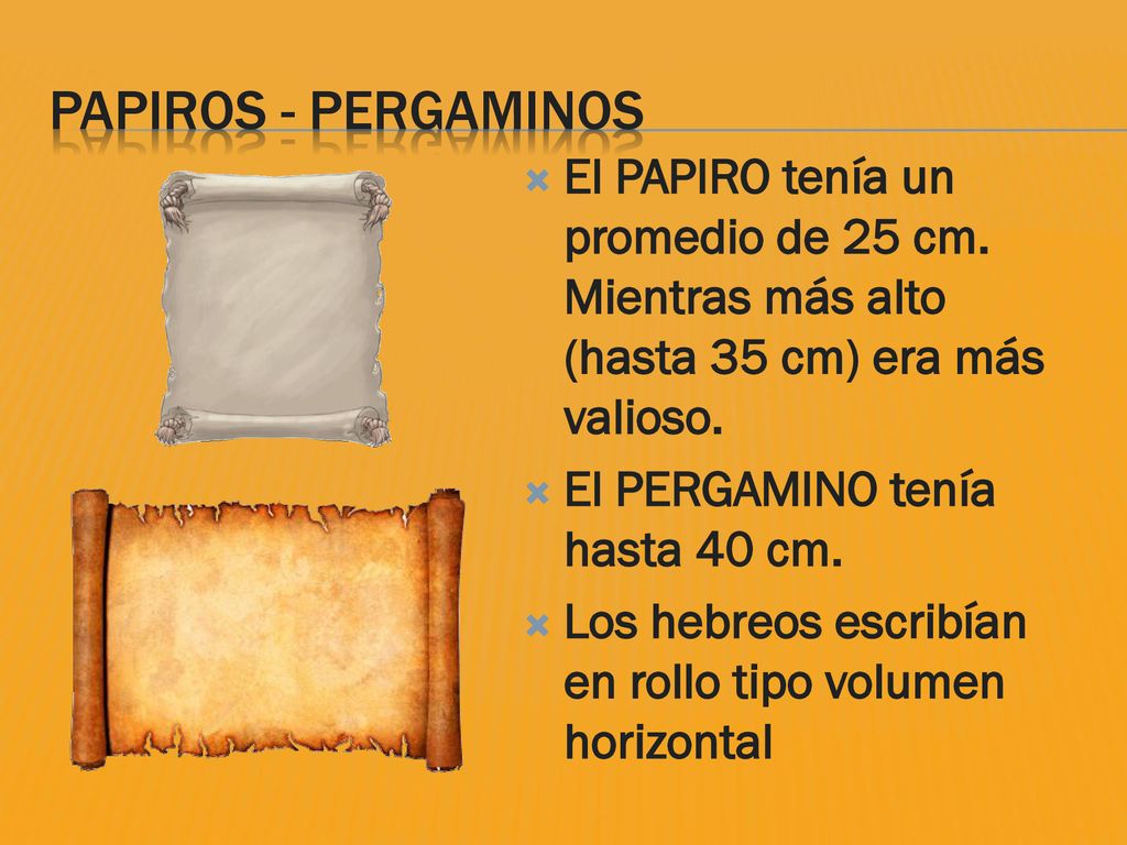 Papiros - pergaminos El PAPIRO tenía un promedio de 25 cm. Mientras más alto (hasta 35 cm) era más valioso.