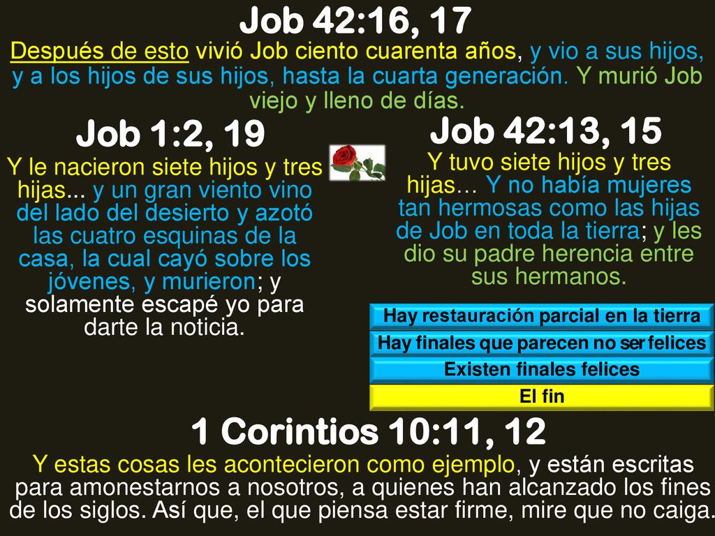 Job 42:16, 17 Job 1:2, 19 Job 42:13, 15 1 Corintios 10:11, 12