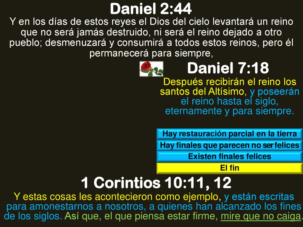 Daniel 2:44 Daniel 7:18 1 Corintios 10:11, 12