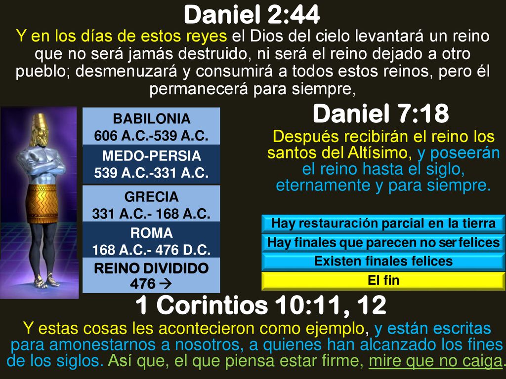 Daniel 2:44 Daniel 7:18 1 Corintios 10:11, 12