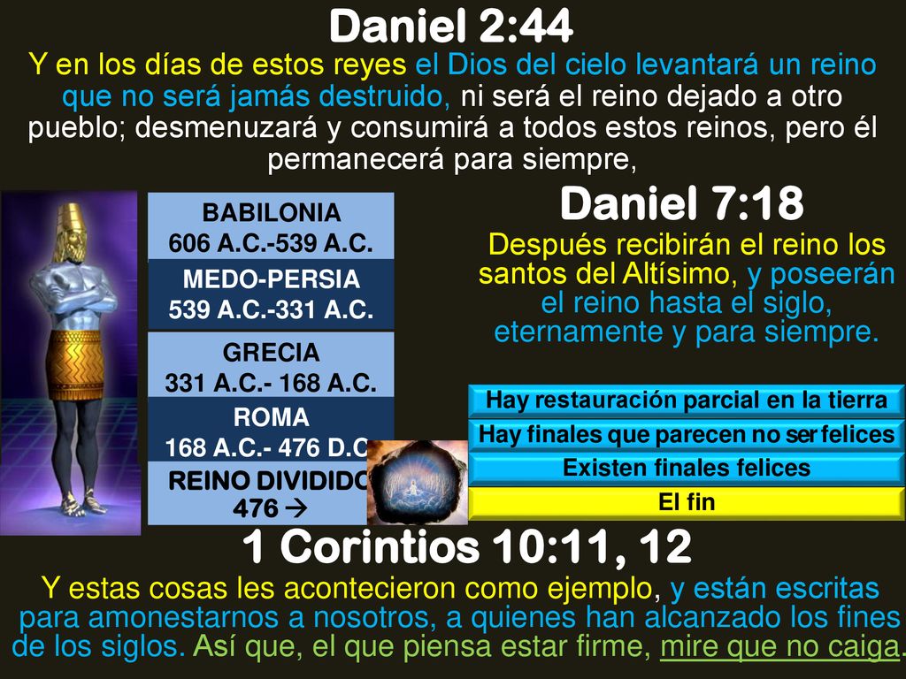 Daniel 2:44 Daniel 7:18 1 Corintios 10:11, 12