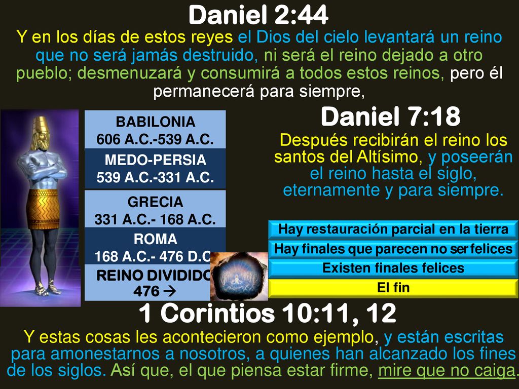 Daniel 2:44 Daniel 7:18 1 Corintios 10:11, 12