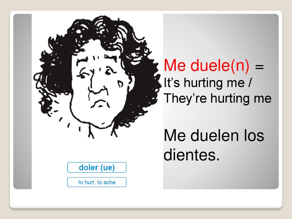 Me duele(n) = Me duelen los dientes. It’s hurting me /