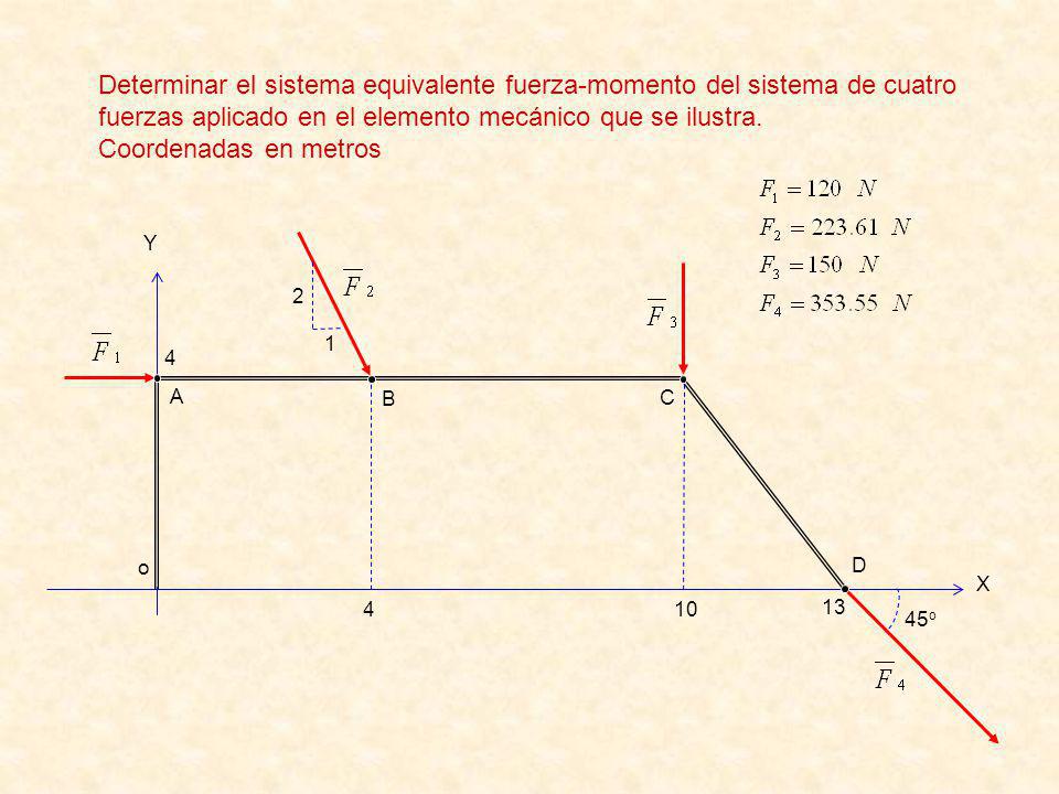 Determinar el sistema equivalente fuerza-momento del sistema de cuatro fuerzas aplicado en el elemento mecánico que se ilustra.