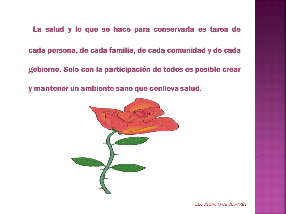La salud y lo que se hace para conservarla es tarea de cada persona, de cada familia, de cada comunidad y de cada gobierno. Solo con la participación de todos es posible crear y mantener un ambiente sano que conlleva salud.