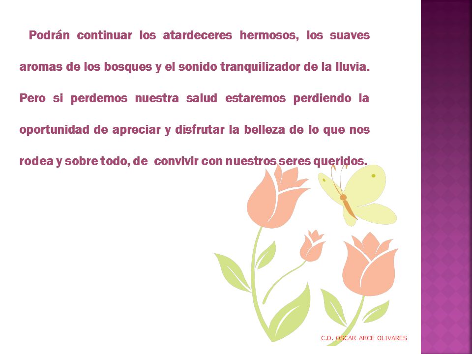 Podrán continuar los atardeceres hermosos, los suaves aromas de los bosques y el sonido tranquilizador de la lluvia. Pero si perdemos nuestra salud estaremos perdiendo la oportunidad de apreciar y disfrutar la belleza de lo que nos rodea y sobre todo, de convivir con nuestros seres queridos.