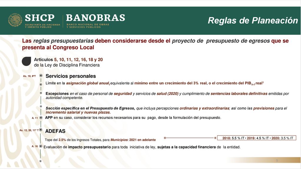 Reglas de Planeación Las reglas presupuestarias deben considerarse desde el proyecto de presupuesto de egresos que se presenta al Congreso Local.