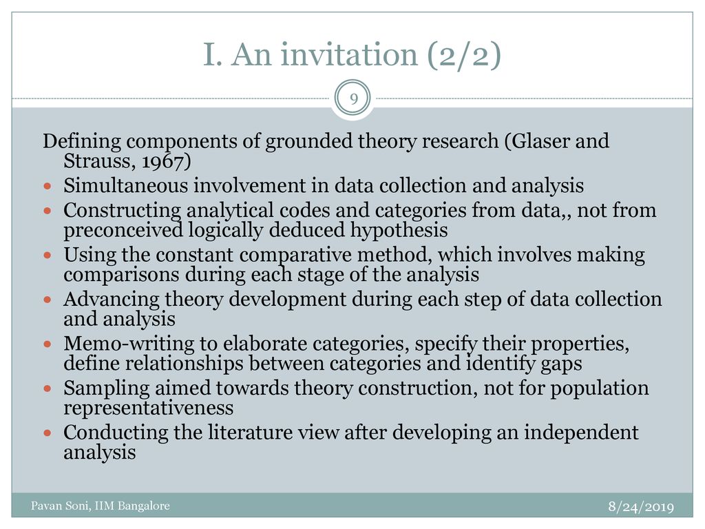 I. An invitation (2/2) Defining components of grounded theory research (Glaser and Strauss, 1967)