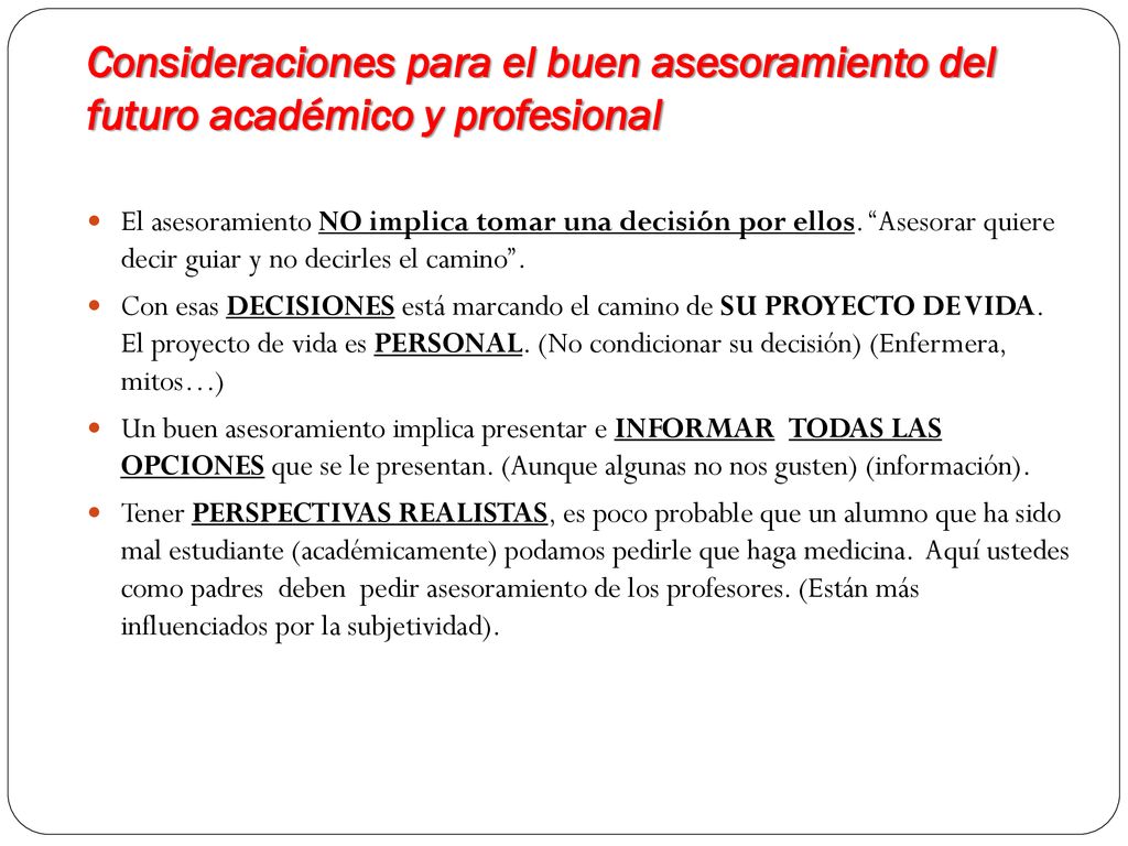 Consideraciones para el buen asesoramiento del futuro académico y profesional