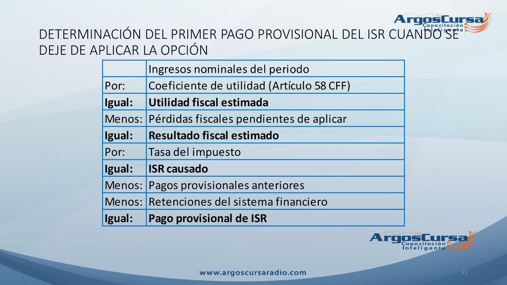 DETERMINACIÓN DEL PRIMER PAGO PROVISIONAL DEL ISR CUANDO SE DEJE DE APLICAR LA OPCIÓN