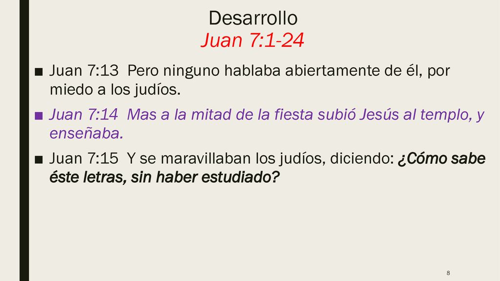 Desarrollo Juan 7:1-24 Juan 7:13 Pero ninguno hablaba abiertamente de él, por miedo a los judíos.