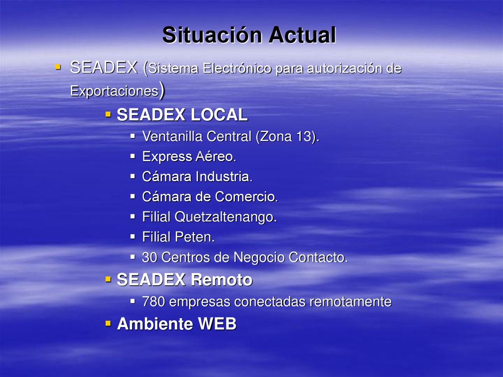 Situación Actual SEADEX (Sistema Electrónico para autorización de Exportaciones) SEADEX LOCAL. Ventanilla Central (Zona 13).