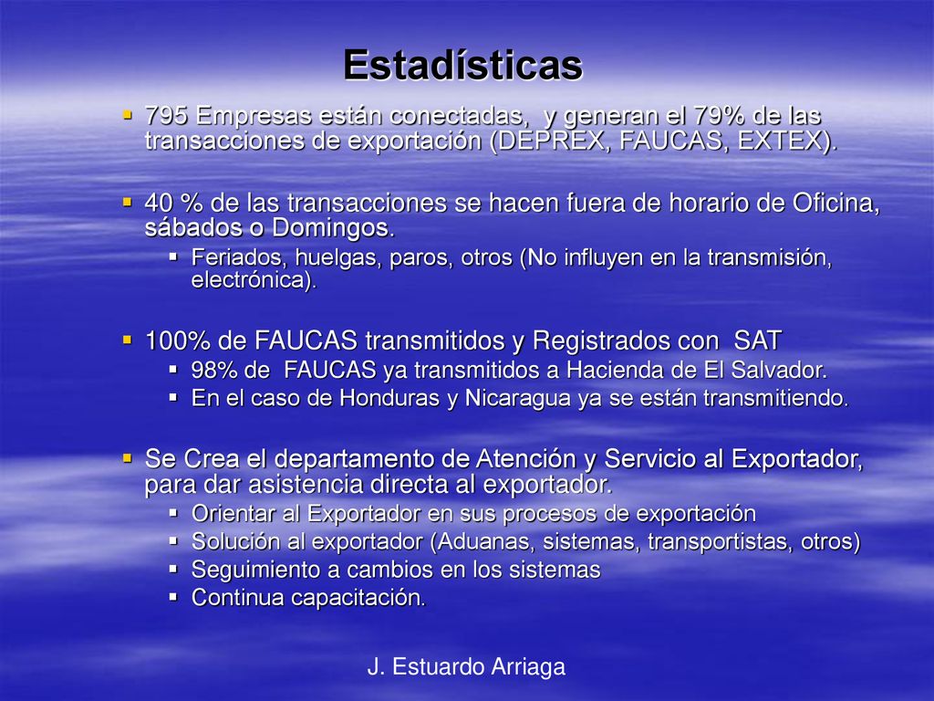 Estadísticas 795 Empresas están conectadas, y generan el 79% de las transacciones de exportación (DEPREX, FAUCAS, EXTEX).