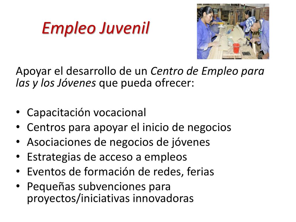 Empleo Juvenil Apoyar el desarrollo de un Centro de Empleo para las y los Jóvenes que pueda ofrecer: