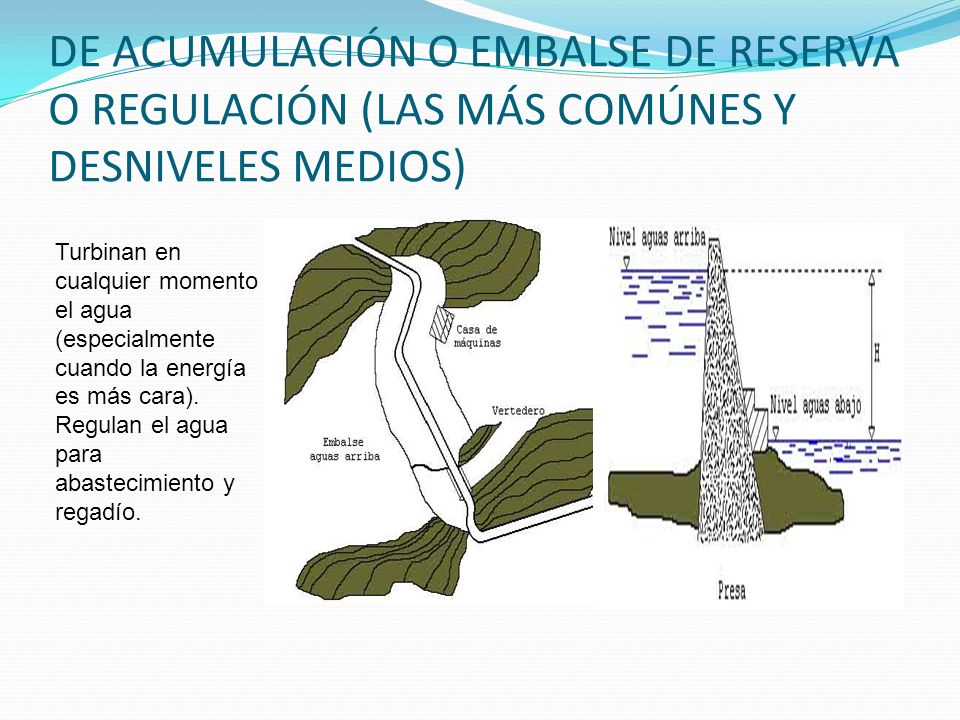 DE ACUMULACIÓN O EMBALSE DE RESERVA O REGULACIÓN (LAS MÁS COMÚNES Y DESNIVELES MEDIOS)