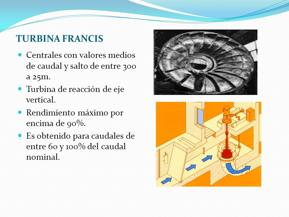 TURBINA FRANCIS Centrales con valores medios de caudal y salto de entre 300 a 25m. Turbina de reacción de eje vertical.