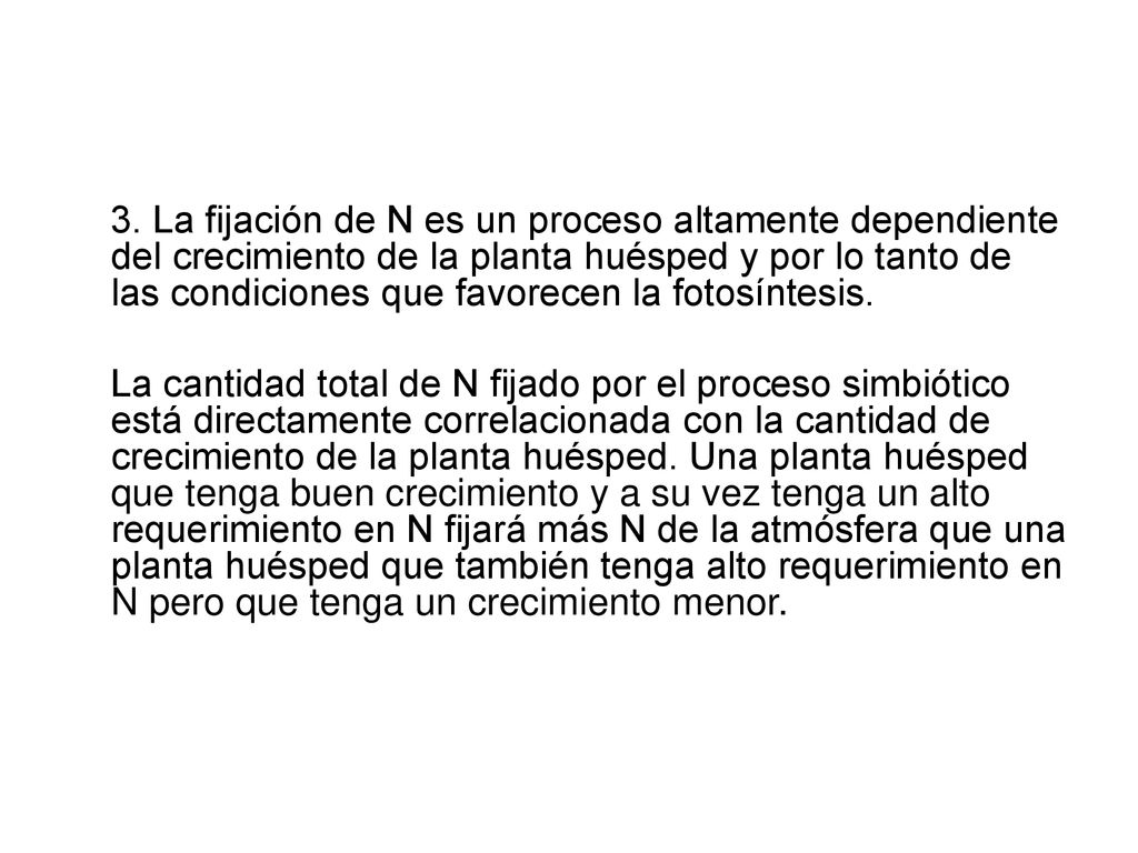 3. La fijación de N es un proceso altamente dependiente del crecimiento de la planta huésped y por lo tanto de las condiciones que favorecen la fotosíntesis.