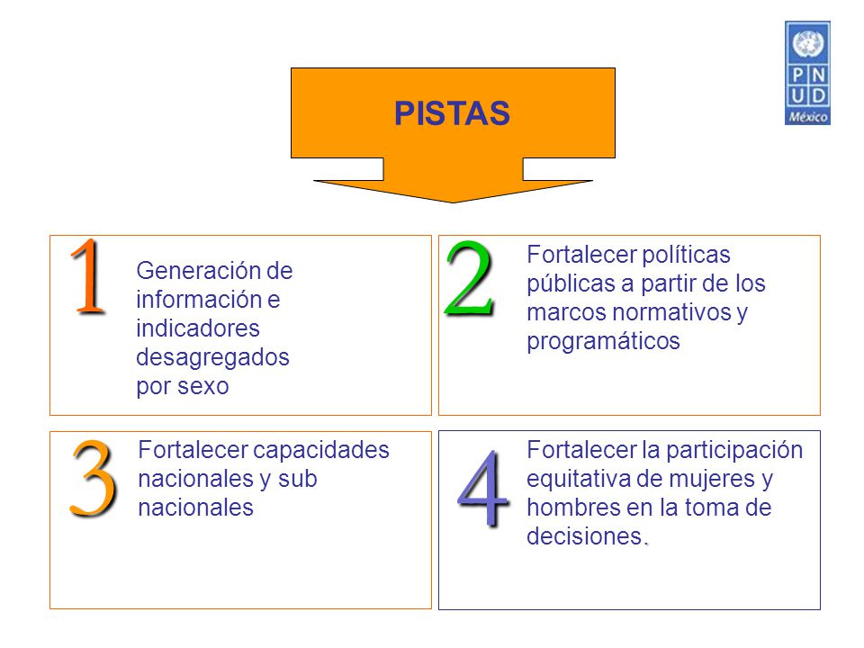 PISTAS Fortalecer la participación equitativa de mujeres y hombres en la toma de decisiones.