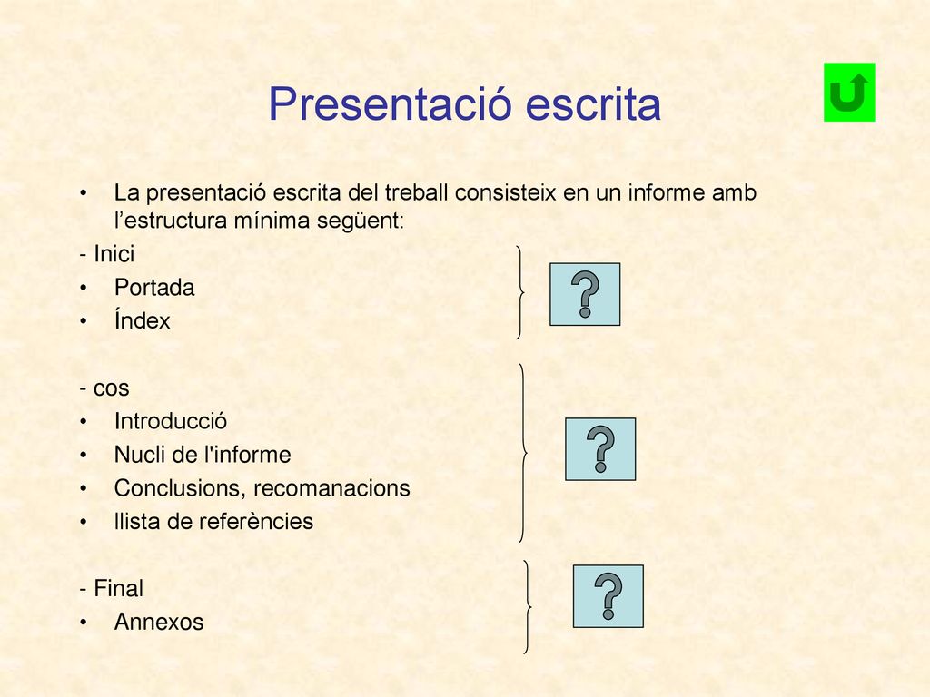 Presentació escrita La presentació escrita del treball consisteix en un informe amb l’estructura mínima següent: