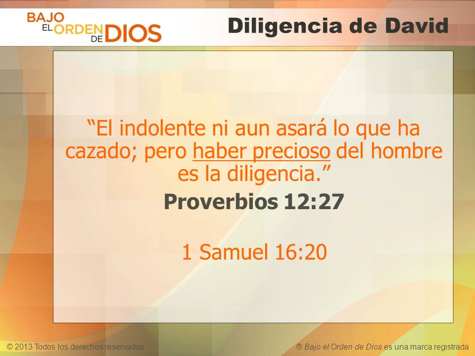 Diligencia de David El indolente ni aun asará lo que ha cazado; pero haber precioso del hombre es la diligencia. Proverbios 12:27 1 Samuel 16:20