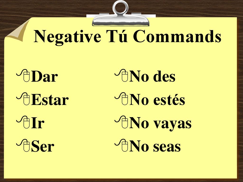 Negative Tú Commands Dar Estar Ir Ser No des No estés No vayas No seas