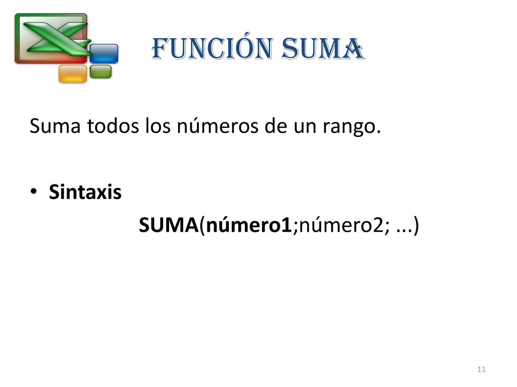 FUNCIÓN SUMA Suma todos los números de un rango. Sintaxis
