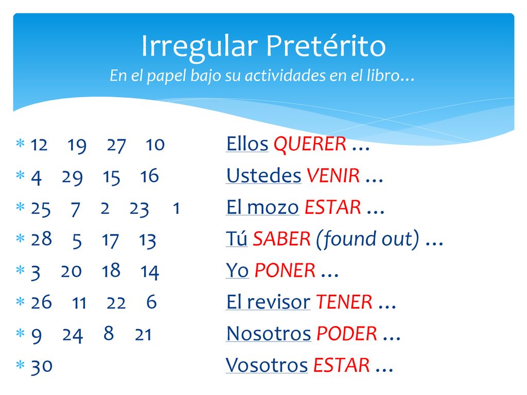 Irregular Pretérito En el papel bajo su actividades en el libro…